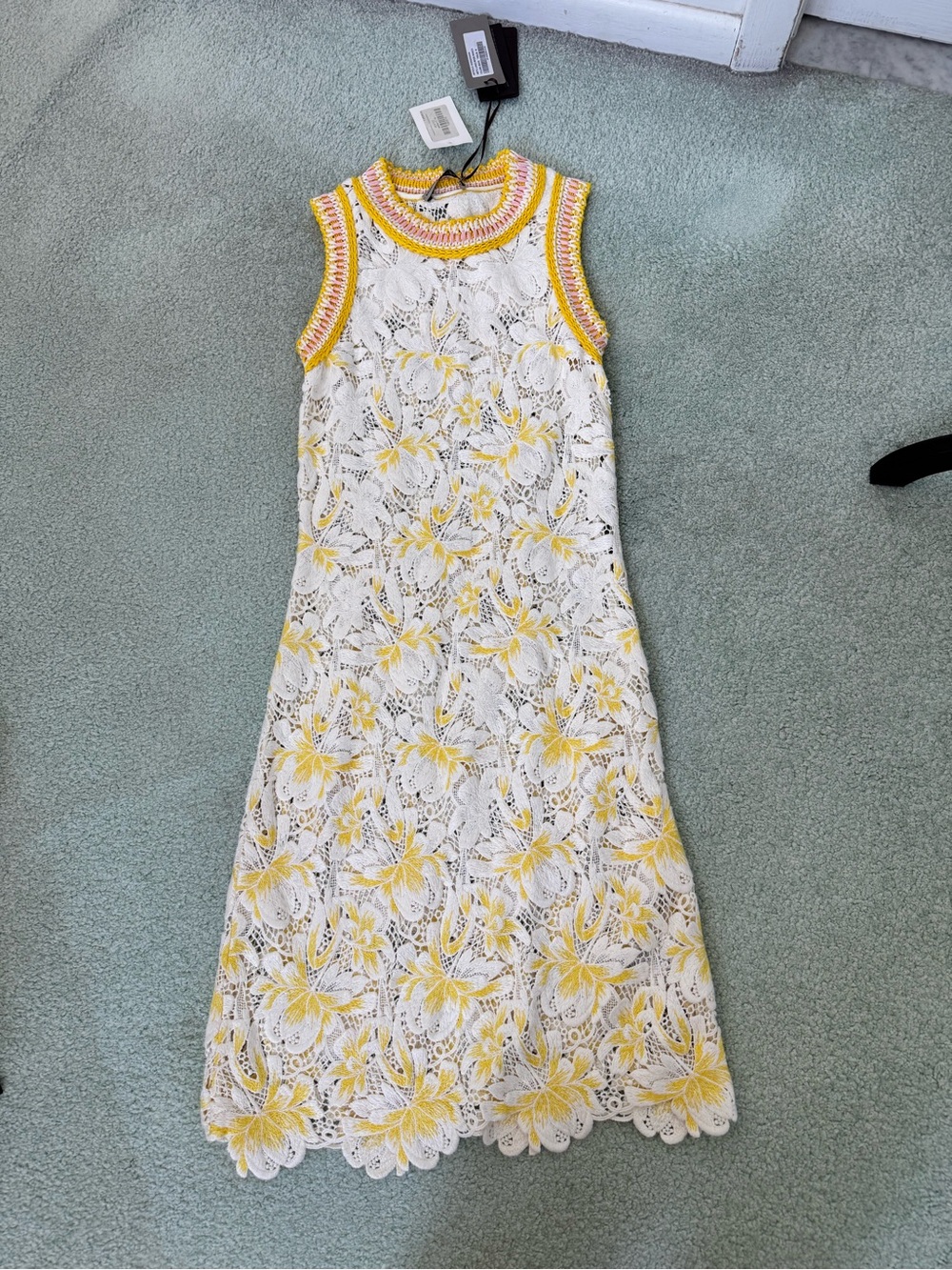Ermanno Scervino White Lace Shift Dress with Yellow and Pink Trim